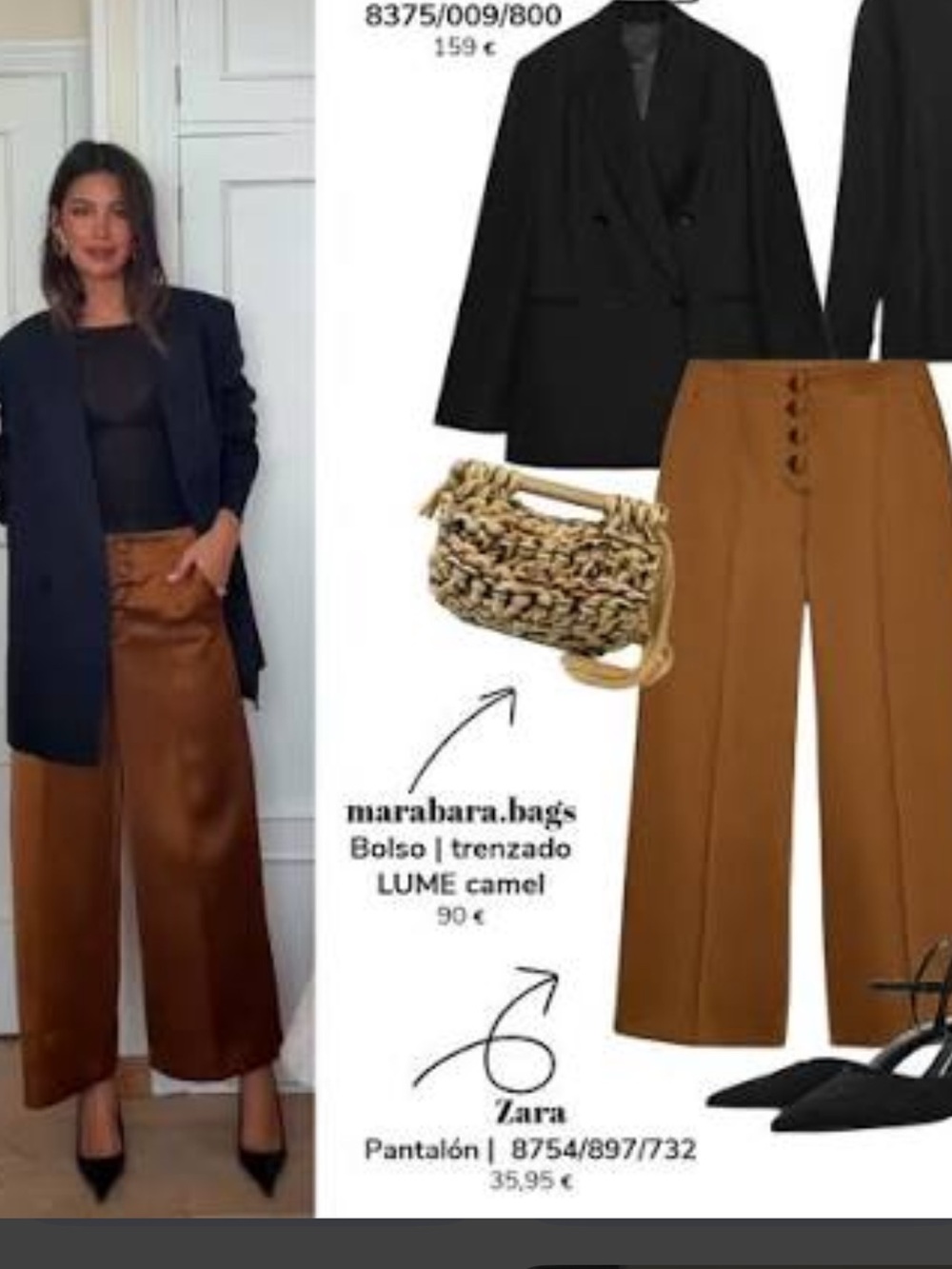Zara Camel-Brown Wide-Leg Satin Trousers